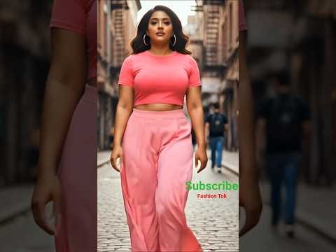 Curvy Indian woman in pink crop tee+palazzo pants, urban lane influencer walk, realistic skin#shorts