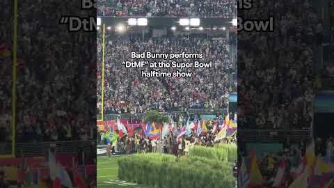Bad Bunny performs ” DtFM” as the finale of his Super Bowl halftime performance.