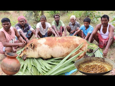 Indian Tribe people cooking full pig 🐖 | full pork Recipe village style #tribecooking #porkrecipe