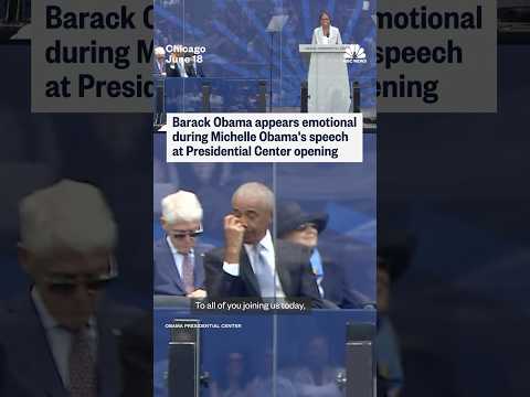 Barack Obama appears emotional during Michelle Obama’s speech at Presidential Center opening