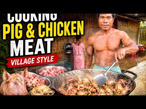 Cooking pig 🐷,chicken in desi style 🥵 #eatingchallenge #viralvideo #food #cooking #