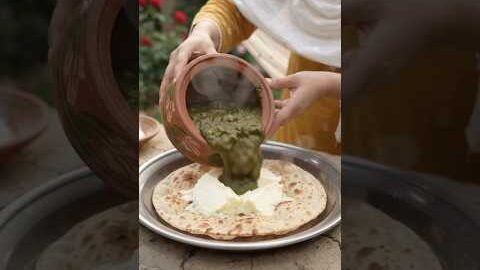 Giant Roti + White Butter & Saag 🤤🔥 #Roti #Butter #Saag #Desi #Food #Punjab #Village #Viral #Shorts