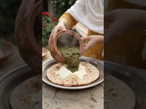 Giant Roti + White Butter & Saag 🤤🔥 #Roti #Butter #Saag #Desi #Food #Punjab #Village #Viral #Shorts