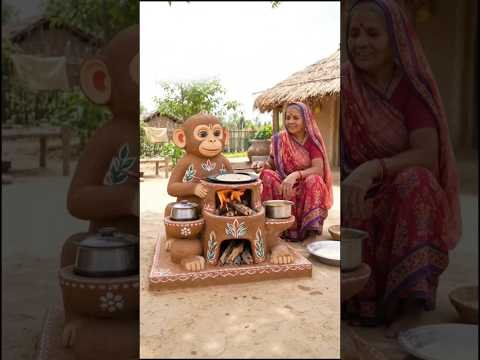 Grandma Made a Rhesus Monkey Clay Stove 🐒🔥 | Amazing Desi Jugaad #Shorts#villagecooking #desijugaad